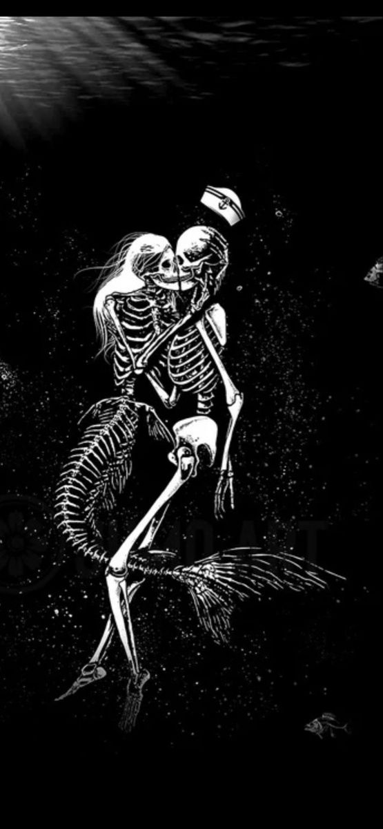 a skeleton dancing with another skeleton in the background, and an image of a bird flying over it