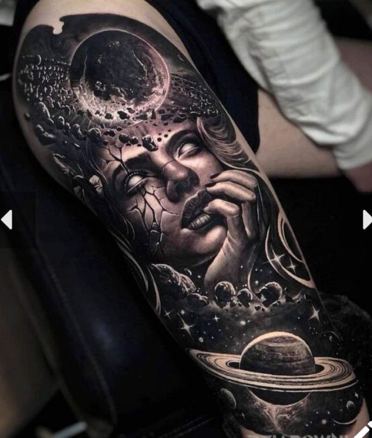 a man's arm with an image of the planets and his face on it