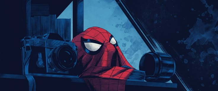 a spider - man is looking out the window at something in front of him,