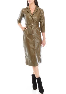 Effortlessly chic, this vegan leather shirtdress from Truth takes you stylishly from work to weekend. | Truth Women's Vegan Leather Shirtdress, 4 Fall Leather Dress With Button Closure, Brown Fitted Faux Leather Dress, Brown Faux Leather Midi Dress, Polyester & Leather Dress, Chic Faux Leather Button-up Dress, Shirt Dress Style, Cocktail Party, Cocktail Dress Party, Vegan Leather