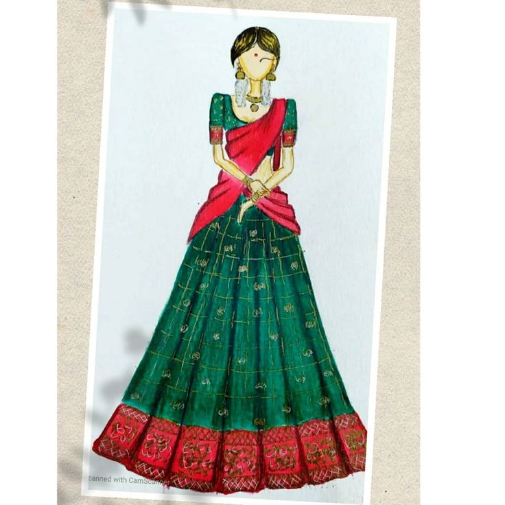 Pattu half saree with gold border with traditional colours Half Saree Designs Simple, Saree Illustration, Pattu Half Saree, Saree Pattu, Drawing Of A Girl, Saree Traditional, Long Frock Designs, Fashion Illustration Tutorial, Dark Fairycore