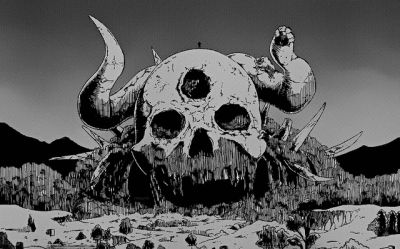 a black and white drawing of a giant skull in the middle of a snowy landscape