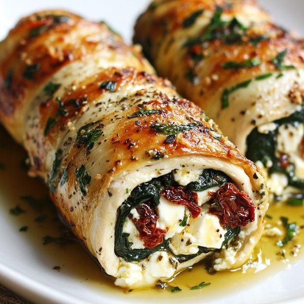 two pieces of food on a plate with cheese and spinach in the wrapper