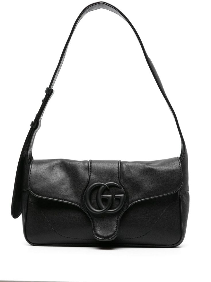 black calf leather grained texture piped-trim detailing signature Interlocking G logo plaque foldover top with magnetic fastening adjustable shoulder strap main compartment internal logo stamp internal zip-fastening pocket suede lining Gucci Black Purse, Black Gucci Purse, My Style Bags, Gucci Purse, G Logo, Chanel 2, Iconic Bags, Black Purses, Gucci Black