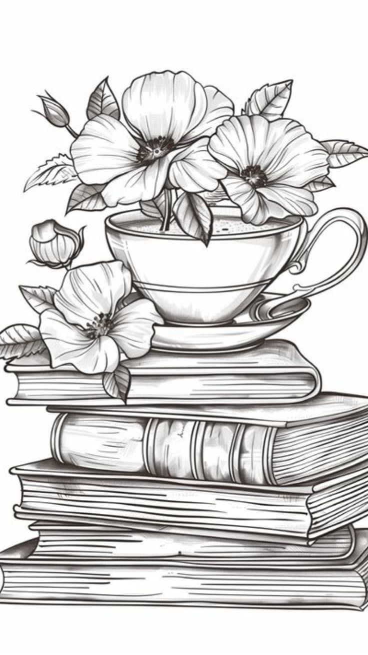 a stack of books with flowers in a tea cup on top, and an open book