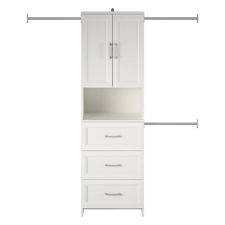 a white cabinet with three drawers and two hangers on the wall, in front of a white background