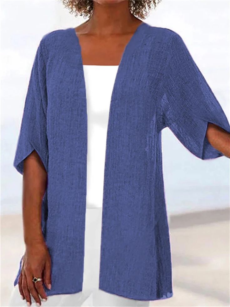 Women Half Sleeve Scoop Neck Solid Cardigan Tops Versatile Long Sleeve Summer Cardigan, Versatile Summer Cardigan With Long Sleeves, Solid Long Sleeve Summer Cardigan, Trendy Solid Open Front Tops, Trendy Solid Color Open Front Tops, Long Solid Summer Cardigan, Summer Solid Color Long Sleeve Cardigan, Casual Solid Color Summer Cardigan, Solid Non-stretch Spring Cardigan