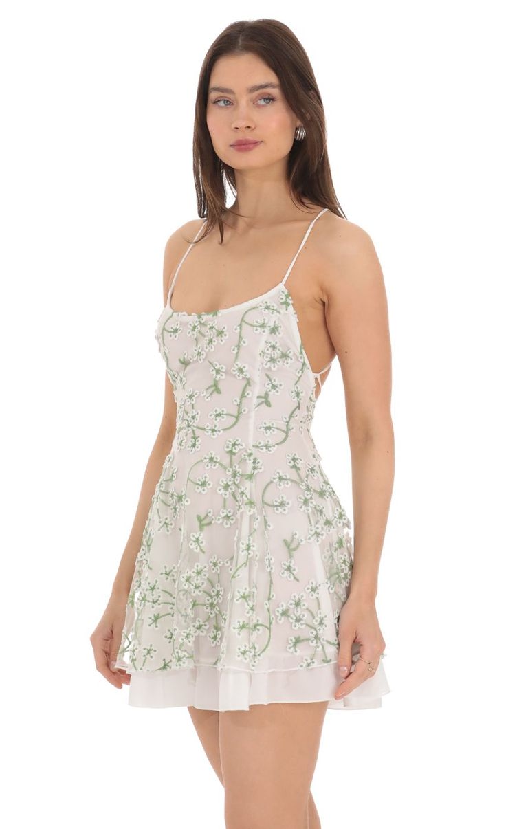 Floral Embroidered Dress in White White Dress With Green Flowers, Hoco Dresses White, Green Hoco Dress, Floral Corset, Floral Embroidered Dress, White Short Dress, Sorority Outfits, Grad Dresses, Hoco Dresses