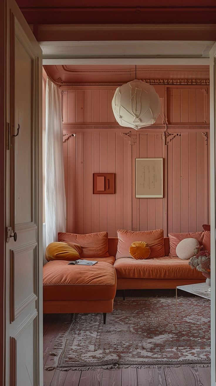 a living room with pink walls and wooden flooring, an orange couch sits in the center