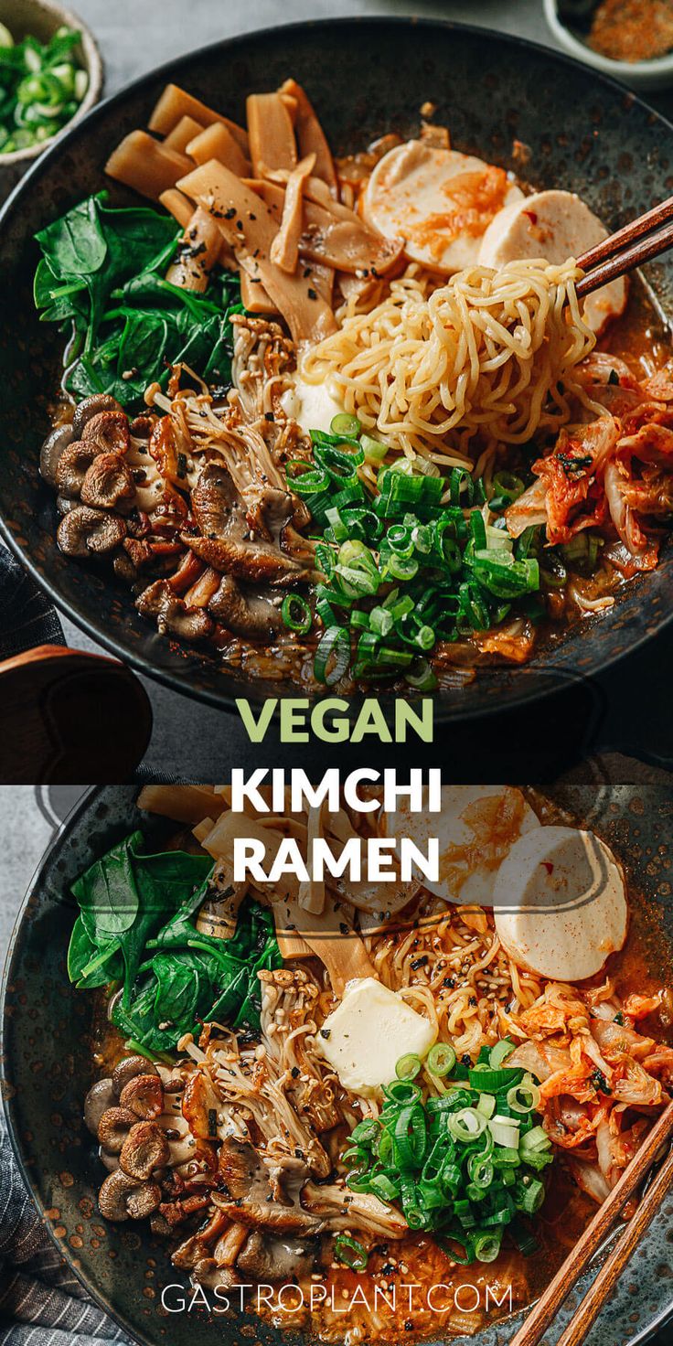 vegan kimchi ramen with mushrooms and greens in two black bowls