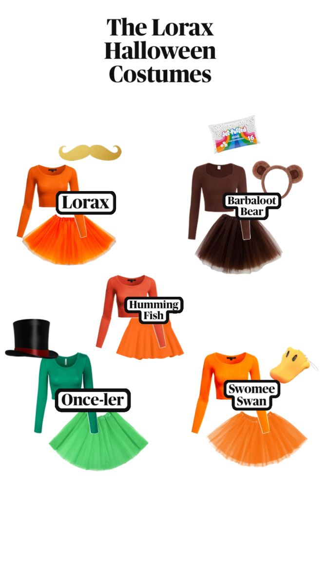 an advertisement for the lorax halloween costumes is shown in four different colors and sizes