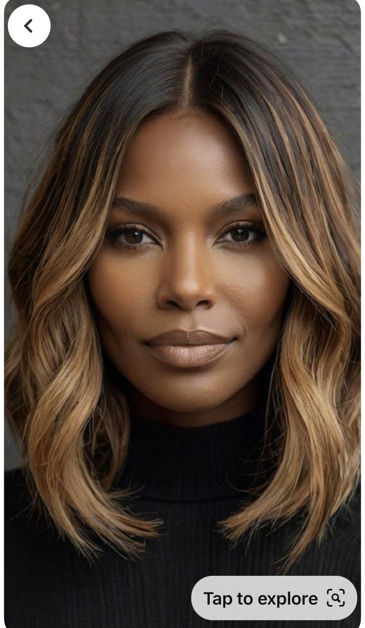 Women Hair Color Ideas Brown, Ombre Hair Color Black Women, Fall Color Bobs Black Women, Chocolate And Blonde Hair, Bob With Color For Black Women, Dark Skin With Colored Hair, Balayage On Black Women, Bob With Highlights Black Women, Honey Blonde Highlights On Black Women