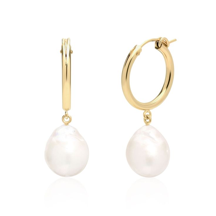 "Timeless elegance meets modern style. Trendy yet classic pearl hoop earrings feature 3/4 Inch thick gold hoop earrings measuring 2.3MM in thickness with 13-15 MM Baroque Pearl Drops.  Also available in Sterling Silver. Perfect for the bridal earrings for the big day and a long time thereafter. NEW ARRIVAL - Fall Winter 2022-23 PRODUCT INFORMATION - METAL - 14K Gold Filled or Sterling Silver - LENGTH (including pearl): 1.5\" or 38MM  - WIDTH: 0.7\" or 18MM - DROP LENGTH (including pearl): 1.5\" Hoop Huggie Earrings With Pearl Drop For Anniversary, Formal Huggie Hoop Earrings With Pearl Drop, Yellow Gold Small Hoop Pearl Earrings For Anniversary, Minimalist Hoop Pearl Earrings For Formal Occasions, Classic Small Hoop Pearl Earrings For Formal, Classic Small Hoop Pearl Earrings For Formal Occasions, Classic Yellow Gold Huggie Earrings With Pearl Drop, Classic Pearl Charm Hoop Earrings For Anniversary, Classic Pearl Charm Huggie Earrings For Anniversary