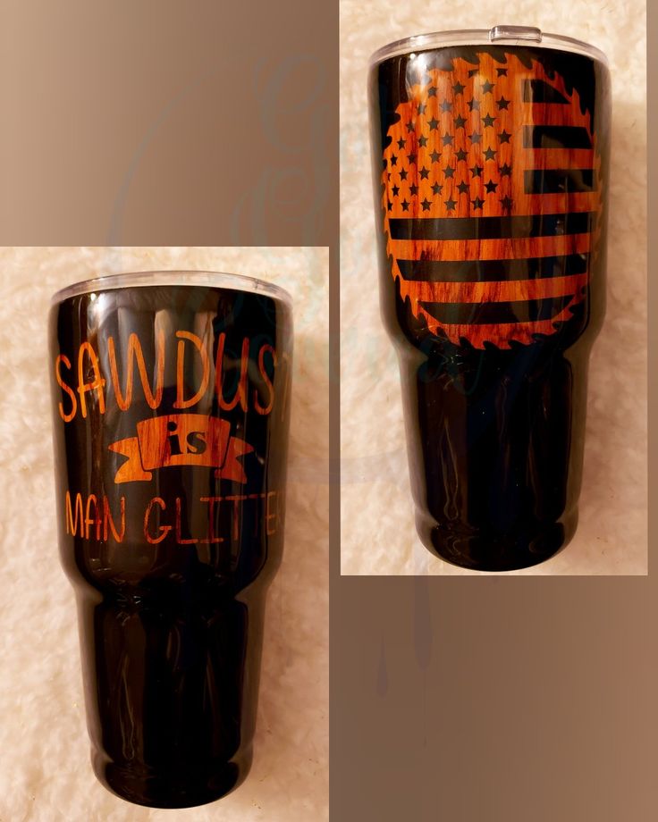 two black tumblers with an american flag and sandus beer written on the side