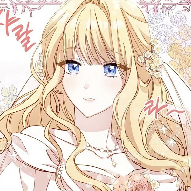 an anime character with long blonde hair and blue eyes wearing a wedding dress, holding a rose in her hand