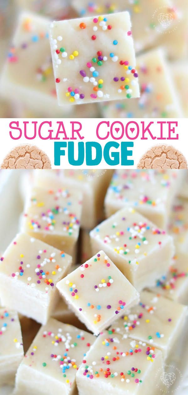 sugar cookie fudge with sprinkles on top and in the background, there is