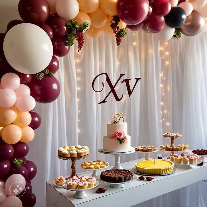 a table topped with lots of desserts and balloons