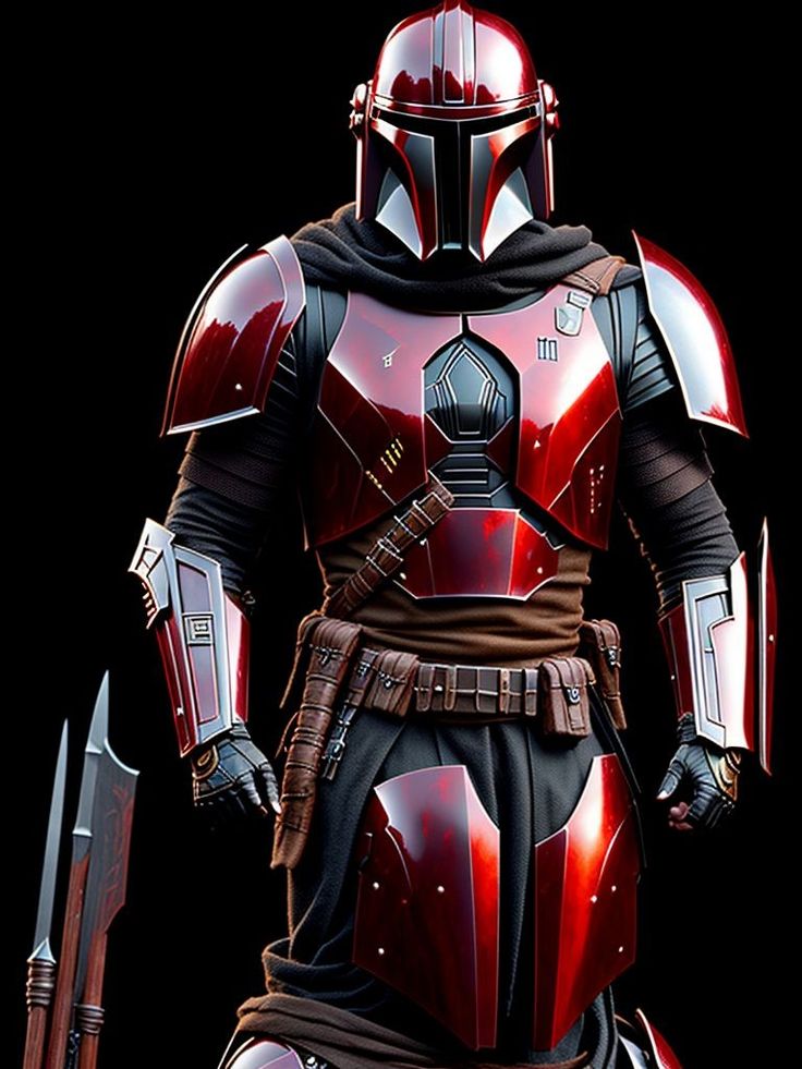 a star wars boba fett figure is shown in full armor and holding two swords