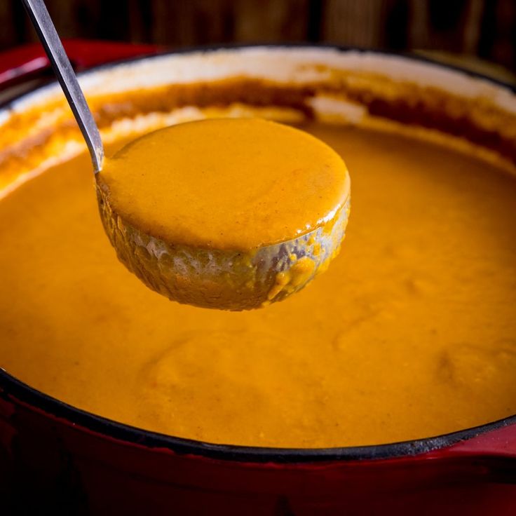 a spoonful of soup is being held by a ladle in a red pot