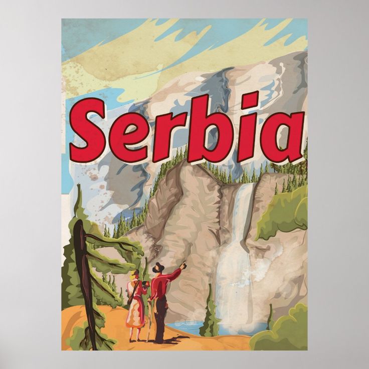 there is a poster on the wall that says serbia and two people are standing in front of a waterfall