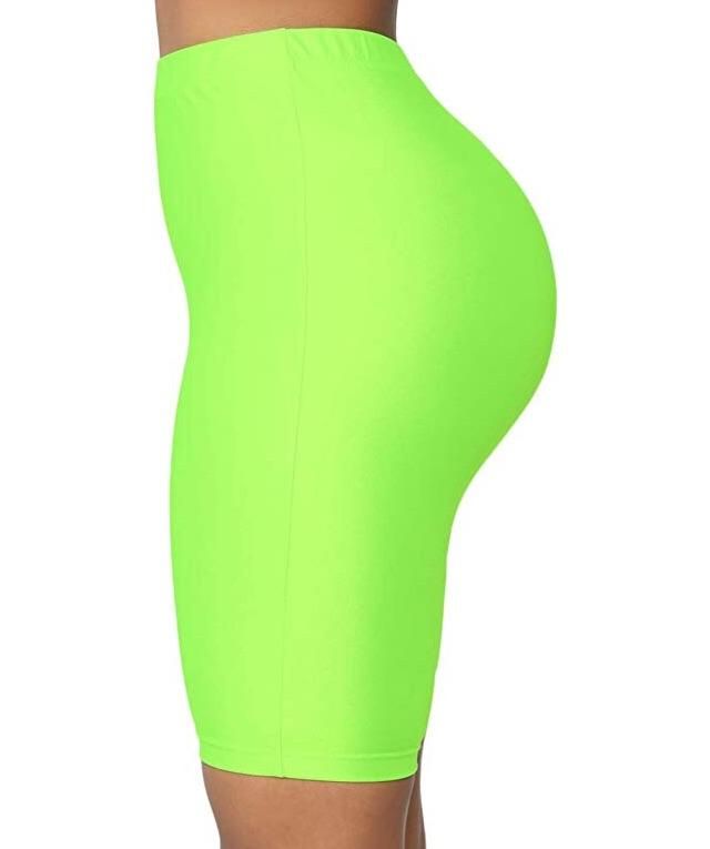 Lime Green High Waist Active Gym Workout Yoga Short Leggings Green Athletic Shorts With Built-in Liner, Green Bottoms With Built-in Shorts And Stretch, Sporty Neon Bottoms For Sports, Green High Stretch Biker Shorts For Summer, Green High-stretch Biker Shorts For Summer, Green High-waisted Compression Shorts, Sporty Neon Stretch Bottoms, Neon Sports Bottoms, Green Stretch High-waisted Shorts Activewear