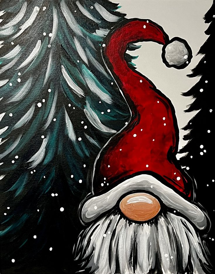 a painting of a santa clause with trees in the background