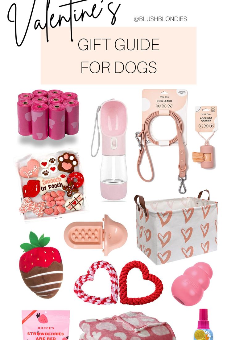 valentine's gift guide for dogs with the title overlaying it in pink and white