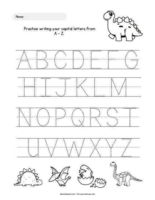 an alphabet worksheet with dinosaurs and letters