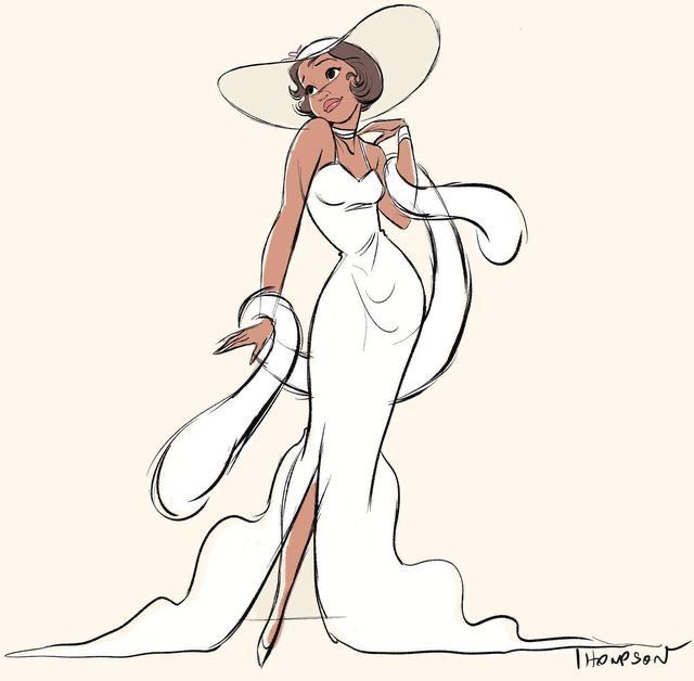 a drawing of a woman in a white dress and hat with her hand on her hip