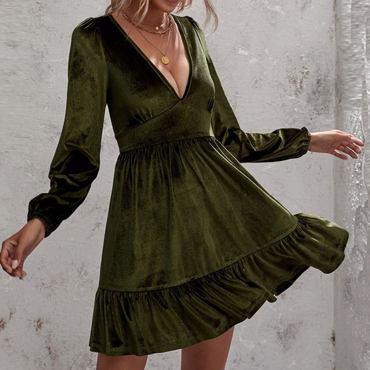 Features: Basic Style Sheer: Opaque Stretch: No Stretch Body: Not Lined Material Composition: 100% Polyester Care Instructions: Machine Wash Cold. Tumble Dry Low. Imported Product Measurements: S: Bust 33.5 In, Length 32 In, Shoulder 12.7 In, Sleeve Length 24 In M: Bust 35.1 In, Length 32.8 In, Shoulder 13.5 In, Sleeve Length 24.4 In L: Bust 36.7 In, Length 33.5 In, Shoulder 14.2 In, Sleeve Length 24.8 In Xl: Bust 39 In, Length 34.3 In, Shoulder 15.4 In, Sleeve Length 25.4 In Tags: V- Neckline S Sleeved Velvet Dress, Flounce Skirt, Green Style, Elegant Dresses For Women, Flare Mini Dress, Ruffle Hem Dress, Vestido Casual, Feminine Look, Long Sleeve Mini