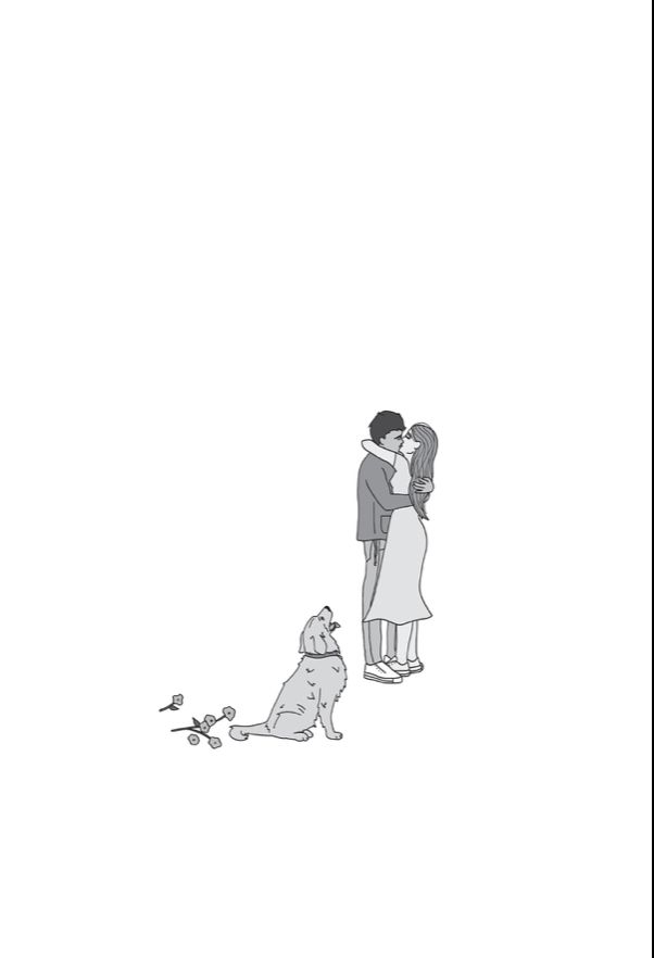 a man and woman standing next to each other with a dog sitting on the ground