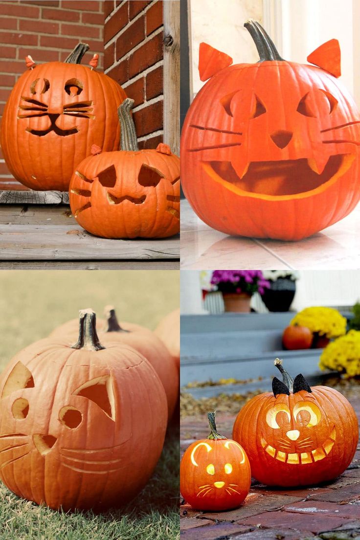 three pumpkins with faces carved into them