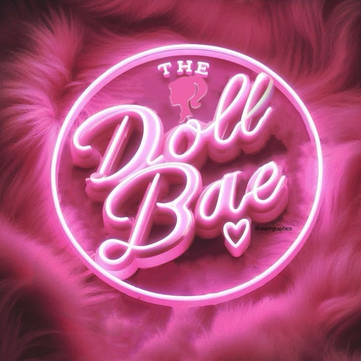 a neon sign that says the doll bake on top of pink fluffy material with a question mark above it