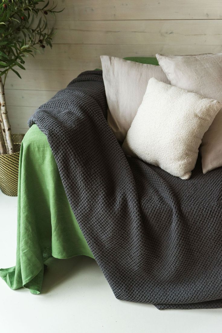 a blanket and pillows on a bed next to a potted plant