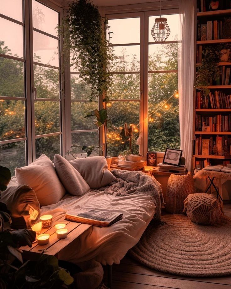 a living room filled with lots of windows and furniture next to a book shelf full of books