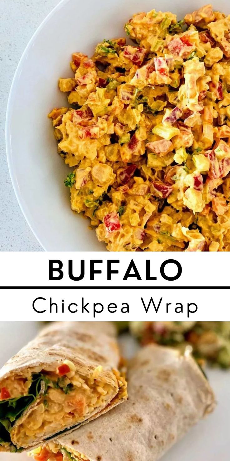 two pictures with the words buffalo chickpea wrap on top and in the middle