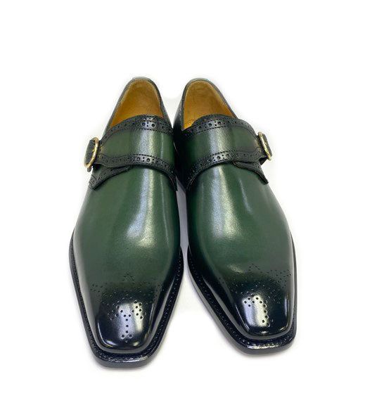 Burnished Calfskin Monkstrap Shoe Green Completely Handmade, this Exquisite new Hand Burnished slip-on Monkstrap shoe from the Ugo Vasare collection features Goodyear Welted construction, Goldtone buckle closure, Decorative Perforations with a Toe Medallion, stitched welt and a full Leather Sole! Matching Belt Available. Don't see your size? Call us to place a Special Order in Your Size. Goodyear Welt, Calf Skin, Gold Tones, Slip On, Buckle, Green, Leather