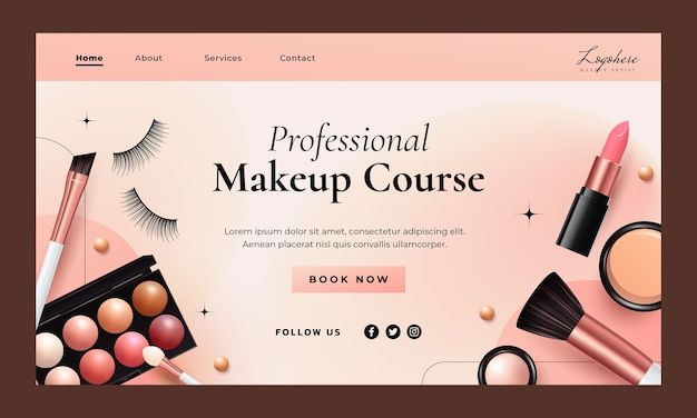 the website for professional makeup courses is displayed on a pink background with cosmetics and eyeliners