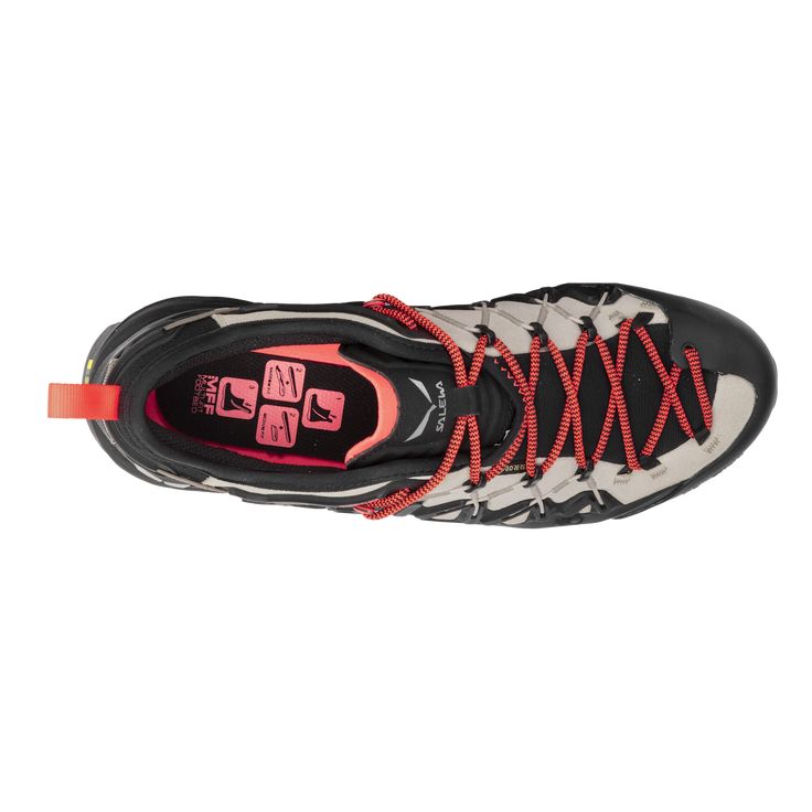 the shoe is black and orange with red laces