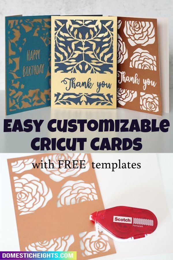 three cards with the words easy customizable cricut cards on them and a pair of scissors