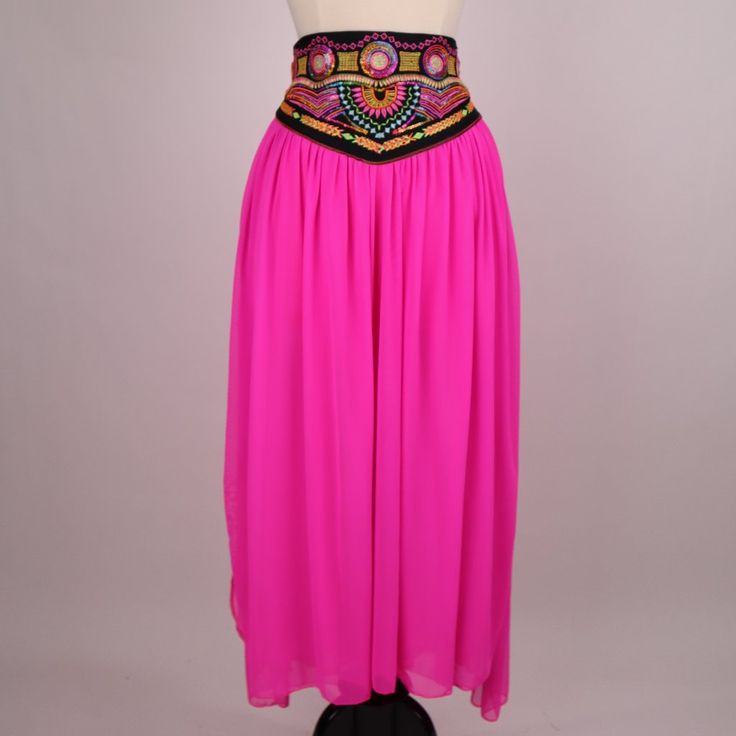 Unique!!!! South American Embroidered Hot Pink Chiffon Skirt.... Rare To Find.... This Is Perfect For A Beach Get-Together Or A Romantic Hide-Away... Size: Fits A Small/Medium. Please See Measurements Waist- 14 Inches Across (Stretches To 17 Inches) Length- 39 Inches This A Skirt For A Women Who Wants Something Exotic, Rare, And With Detailed-Workmanship. Condition: Excellent Condition. New Without Tags Material: Polyester/Elastane. No Closures. Double Layer Chiffon (Minimally Sheer) Please Ask Pink Fitted Maxi Skirt, Fitted Pink Skirt For Festival, Pink Embroidered Skirt For Parties, Embroidered Pink Skirt For Party, Embroidered Pink Skirt For Summer, Fitted Pink Embroidered Skirt, Embroidered Pink Summer Skirt, Summer Embroidered Pink Skirt, Pink Bollywood Style Dress For Festival