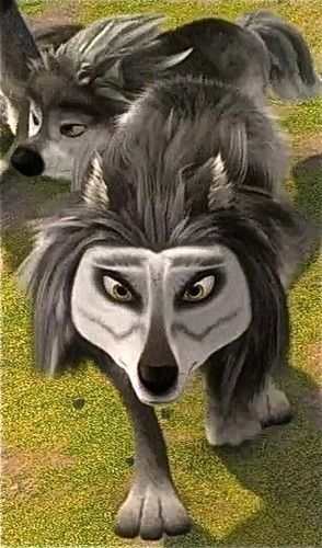 two wolfs are walking in the grass with their faces painted to look like they have long hair