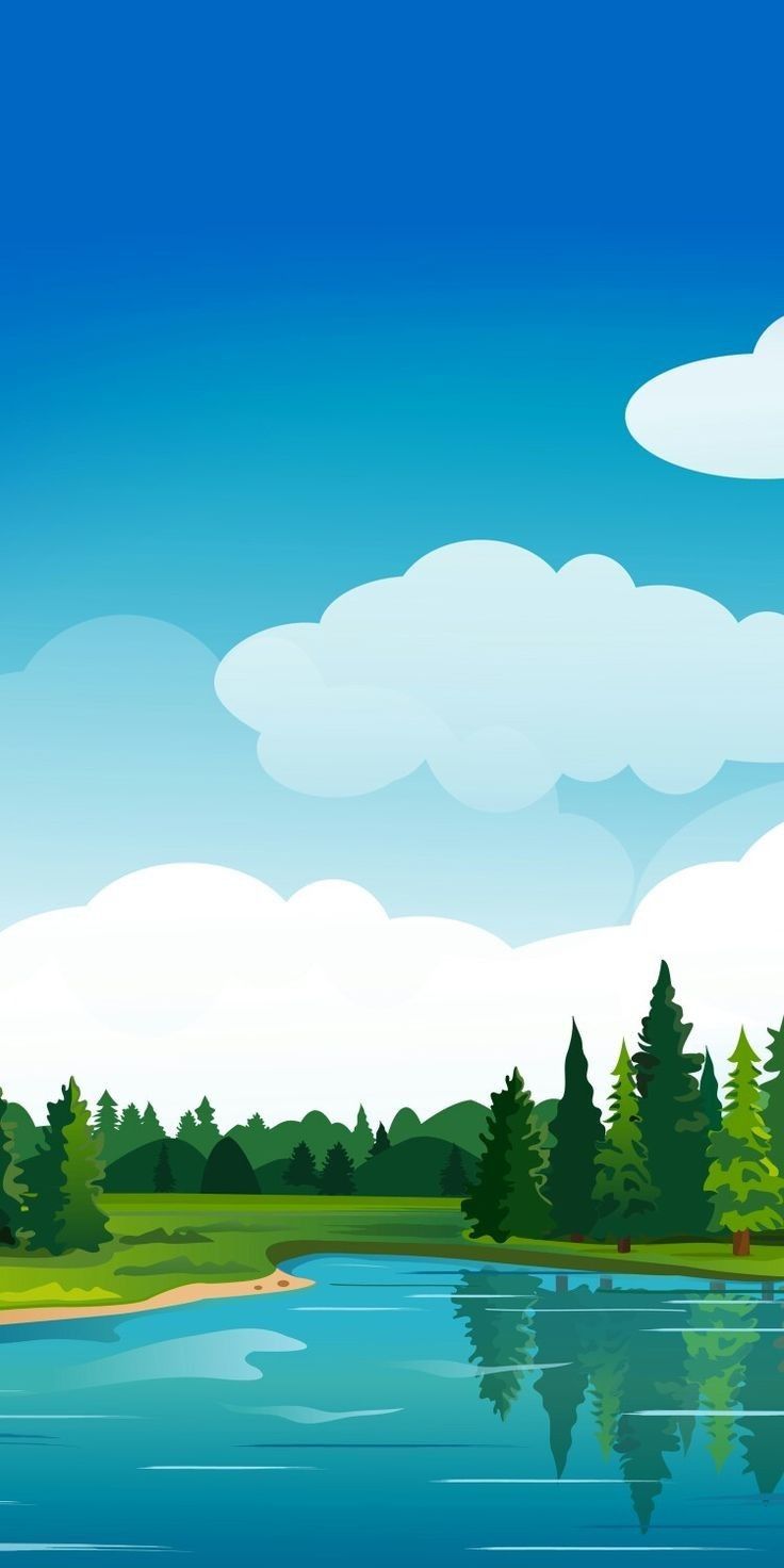 a lake with trees and clouds in the sky on a sunny day, illustration painting