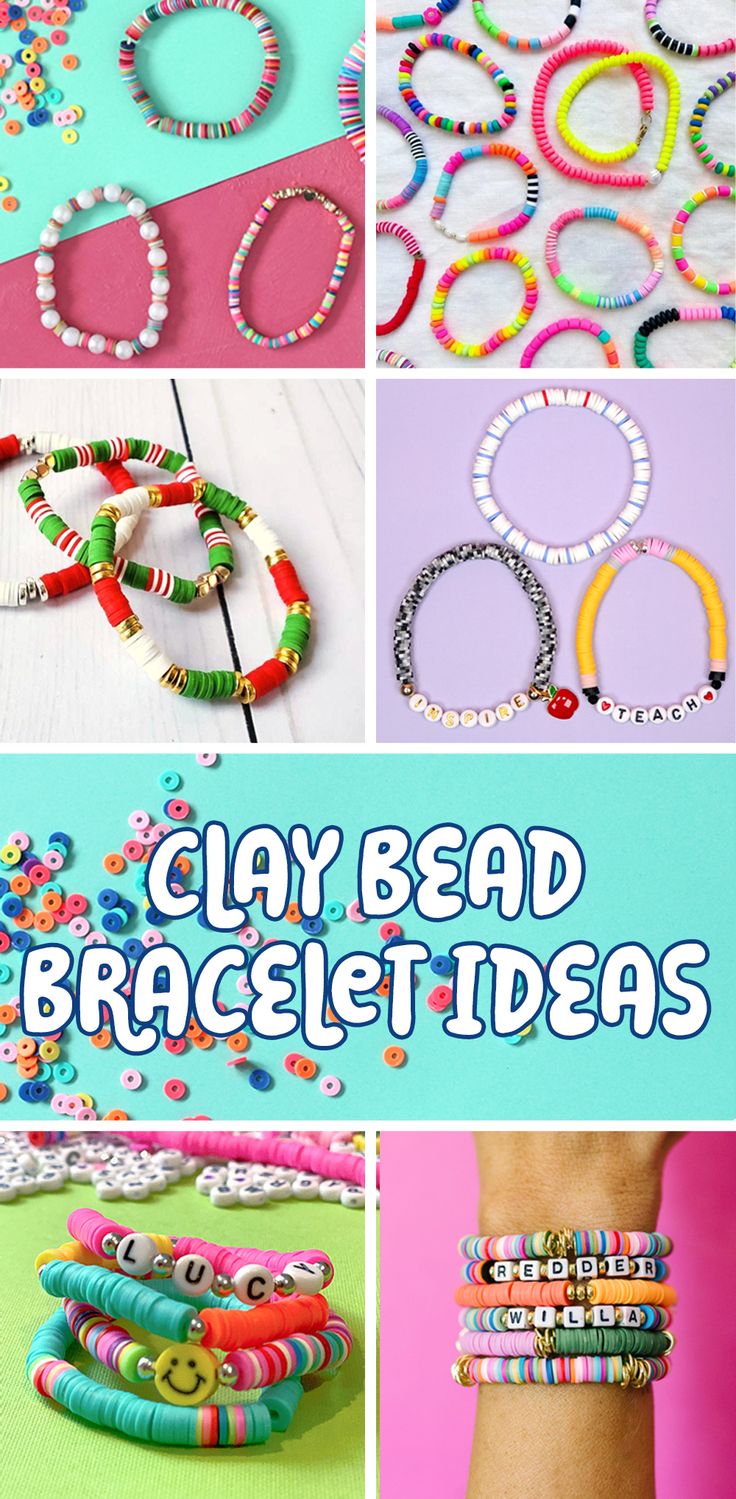 several different bracelets with the words clay bead bracelet ideas