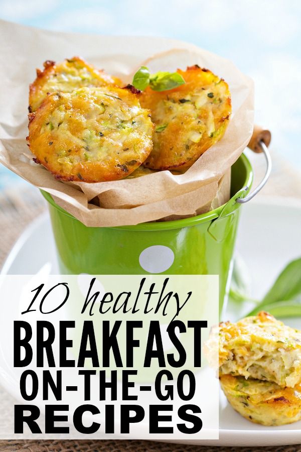 breakfast on the go recipe with muffins in a green bucket and text overlay that reads 10 healthy breakfast on the go recipes