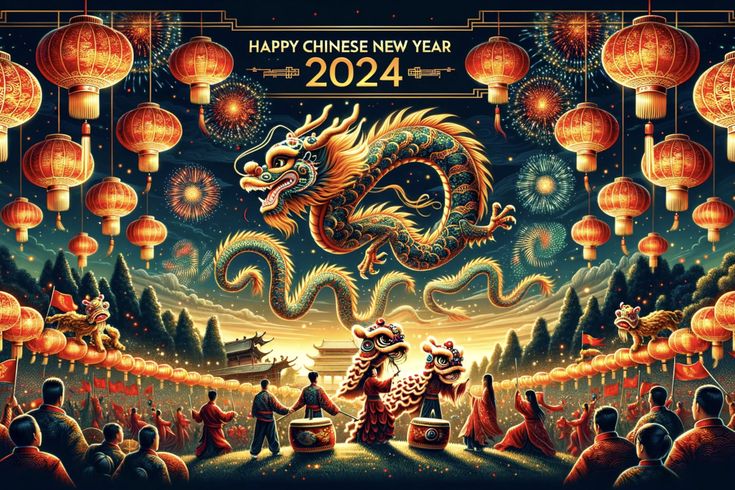 a chinese new year card with a dragon on it and people standing in front of lanterns