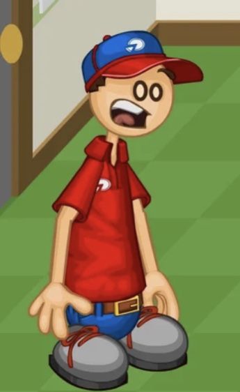 a cartoon boy with a baseball cap and red shirt is standing in front of a door