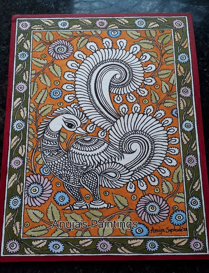 an intricately designed card with flowers and leaves on the front, featuring a stylized peacock