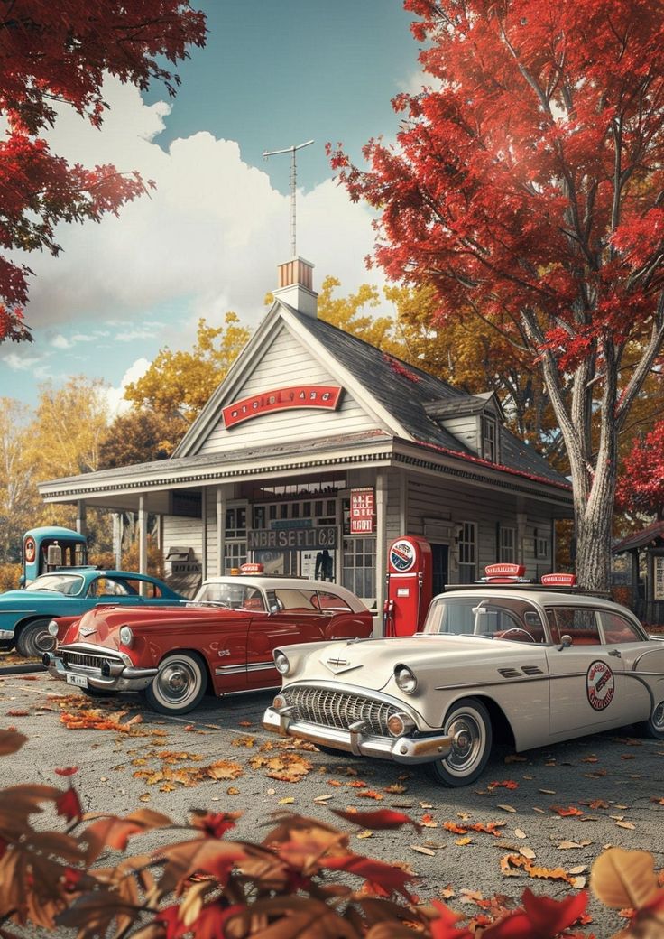 several classic cars parked in front of a gas station with autumn leaves on the ground