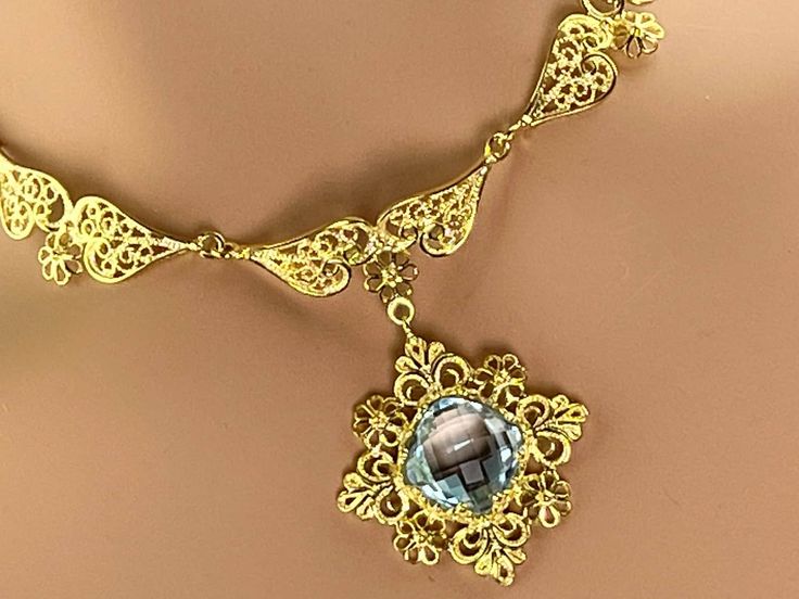 14K Solid Gold Blue Topaz Necklace Designer Filigree Floral - Etsy Elegant Topaz Jewelry For Wedding, Elegant Wedding Jewelry With Topaz, Elegant Topaz Wedding Jewelry, Blue Wedding Jewelry With Intricate Design, Ceremonial Blue Jewelry With Intricate Design, Luxury Topaz Necklace As A Gift, Elegant Gold Topaz Jewelry, Antique Blue Topaz Jewelry For Formal Occasions, Elegant Blue Topaz Jewelry For Wedding